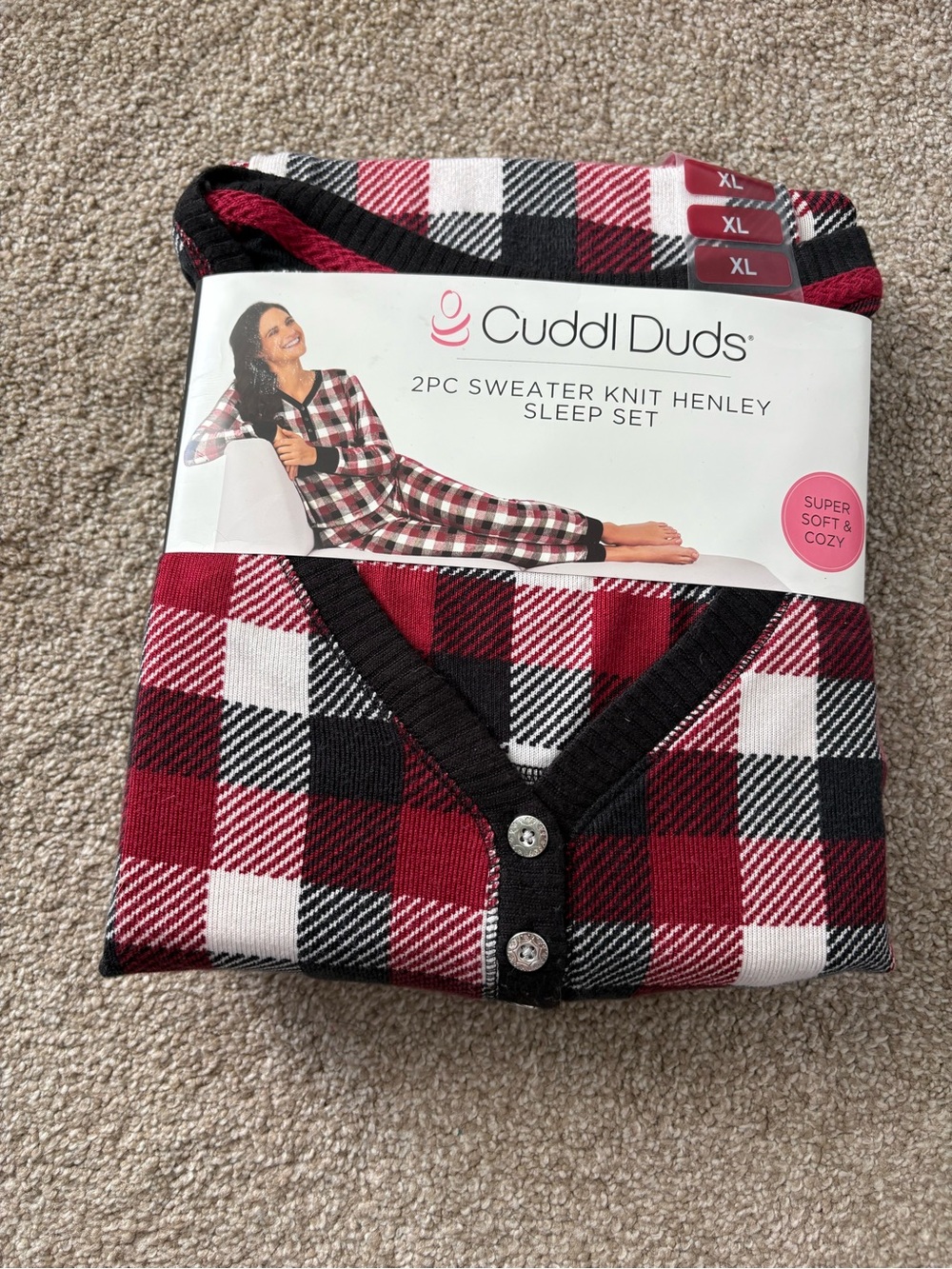 Cuddl Duds XL Red Black White Plaid Henley Pajama Set Checkered Knit New Cozy